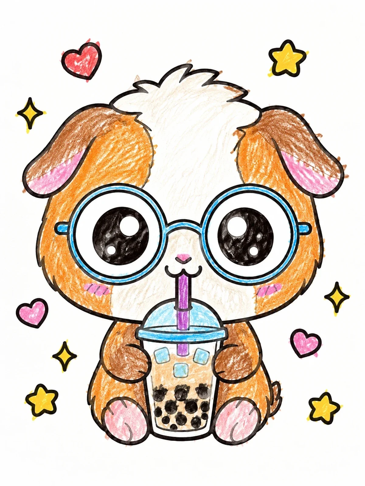 Colored example of the Cute Guinea Pig Drinking Boba Tea coloring page