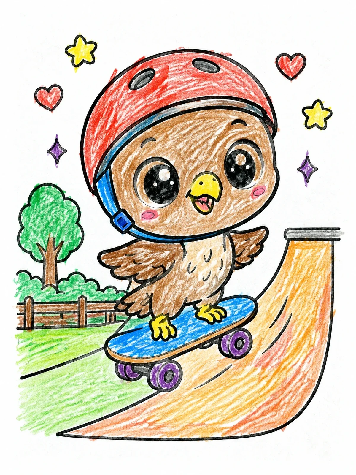 Colored example of the Cute Baby Hawk On A Skateboard coloring page