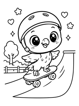 A baby bird wearing a helmet rides a skateboard in this hawk coloring page.