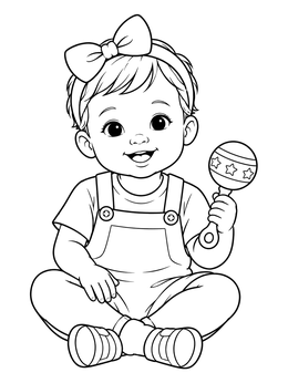 A smiling baby coloring page featuring a sitting toddler with a bow headband and a rattle.