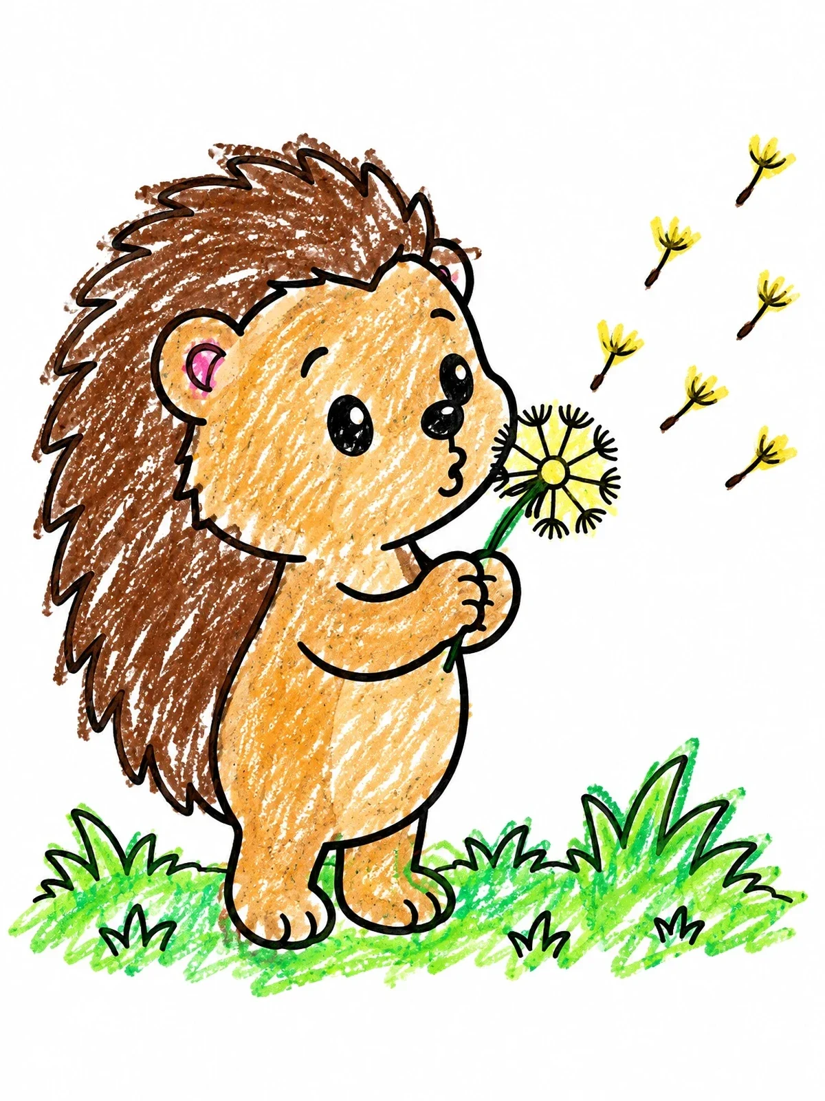 Colored example of the Baby Hedgehog Blowing A Dandelion coloring page