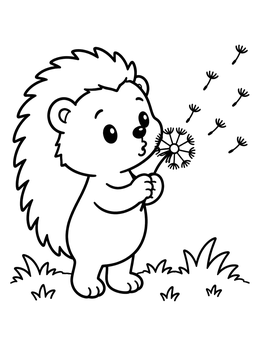 A sweet little hedgehog coloring page showing a baby blowing fluffy dandelion seeds.
