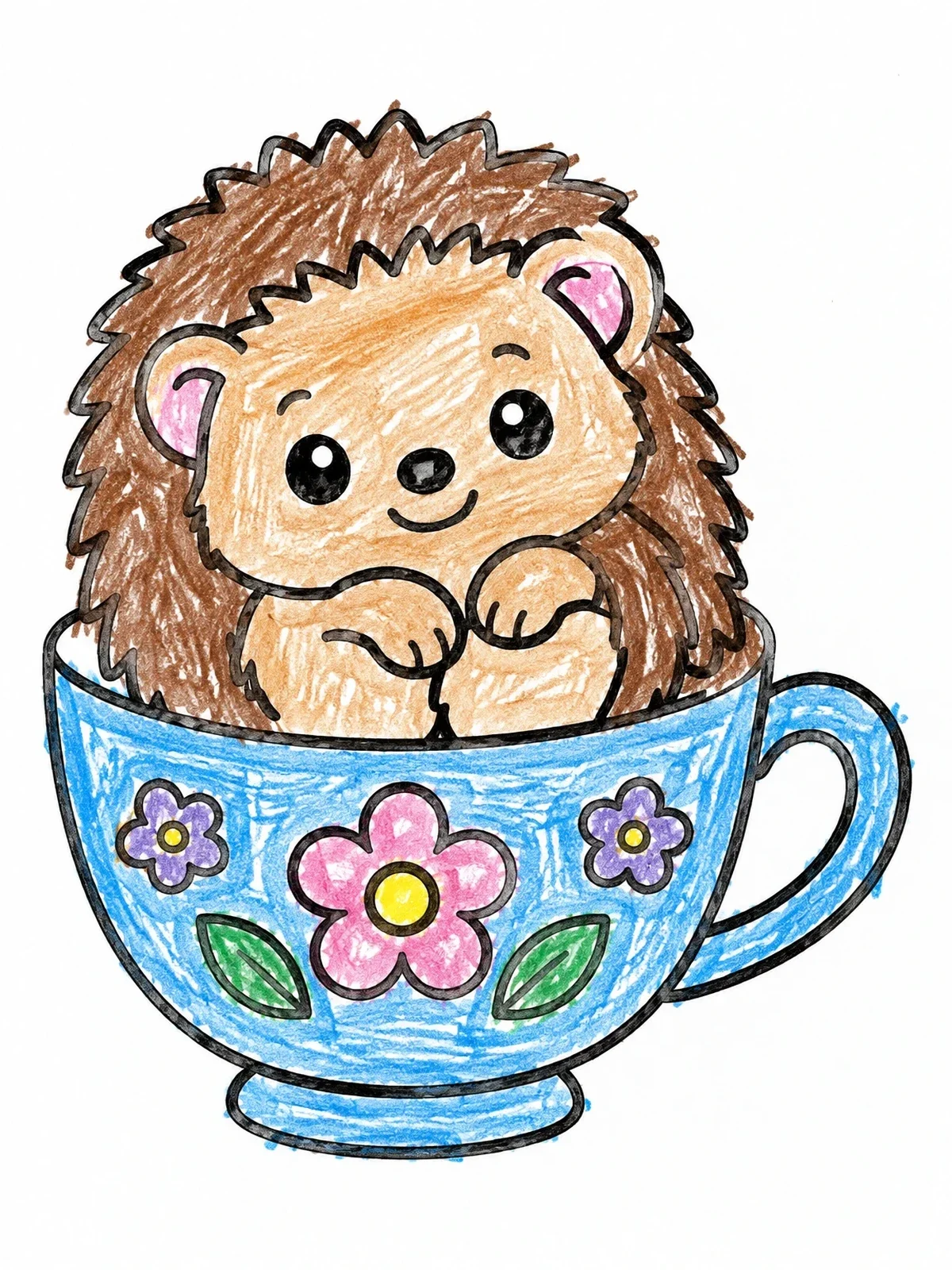 Colored example of the Cute Baby Hedgehog In A Teacup coloring page