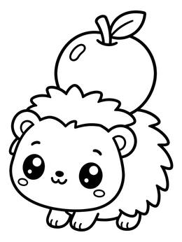 A hedgehog coloring page shows a cute baby hedgehog balancing a large apple on its back.