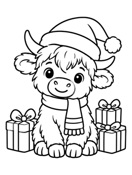 Free printable Baby Highland Cow With Gifts coloring page