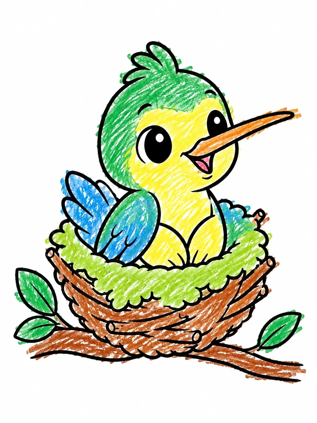 Colored example of the Cute Baby Hummingbird In Nest coloring page