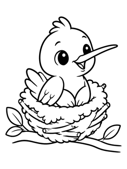 A cheerful baby hummingbird coloring page sitting safely in a small nest.