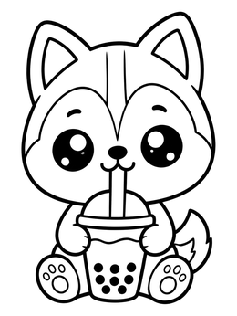 A baby husky coloring page showing a pup sipping boba tea through a straw.