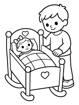 A big brother watches over his sleeping sister in this baby coloring page.