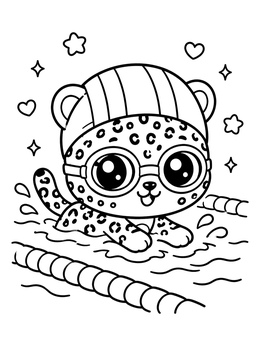 A cute baby jaguar coloring page showing the cub swimming with goggles and a cap.