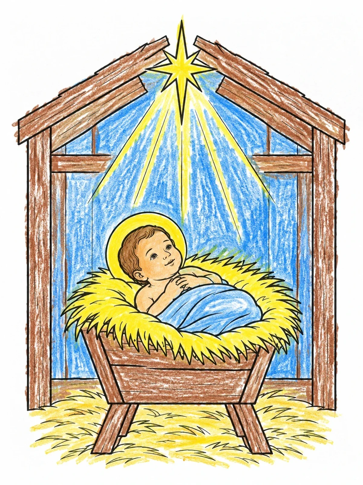 Colored example of the Baby Jesus In The Manger coloring page
