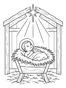 A serene jesus coloring page showing baby Jesus resting in a manger beneath a shining star.