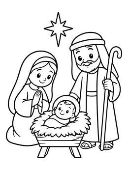 A sweet nativity scene with Mary and Joseph watching over baby Jesus coloring page under a bright star.