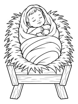 Swaddled baby Jesus coloring page resting peacefully in a straw-filled wooden manger.