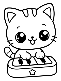 A cheerful kitten coloring page featuring a baby cat tapping on a small toy keyboard.