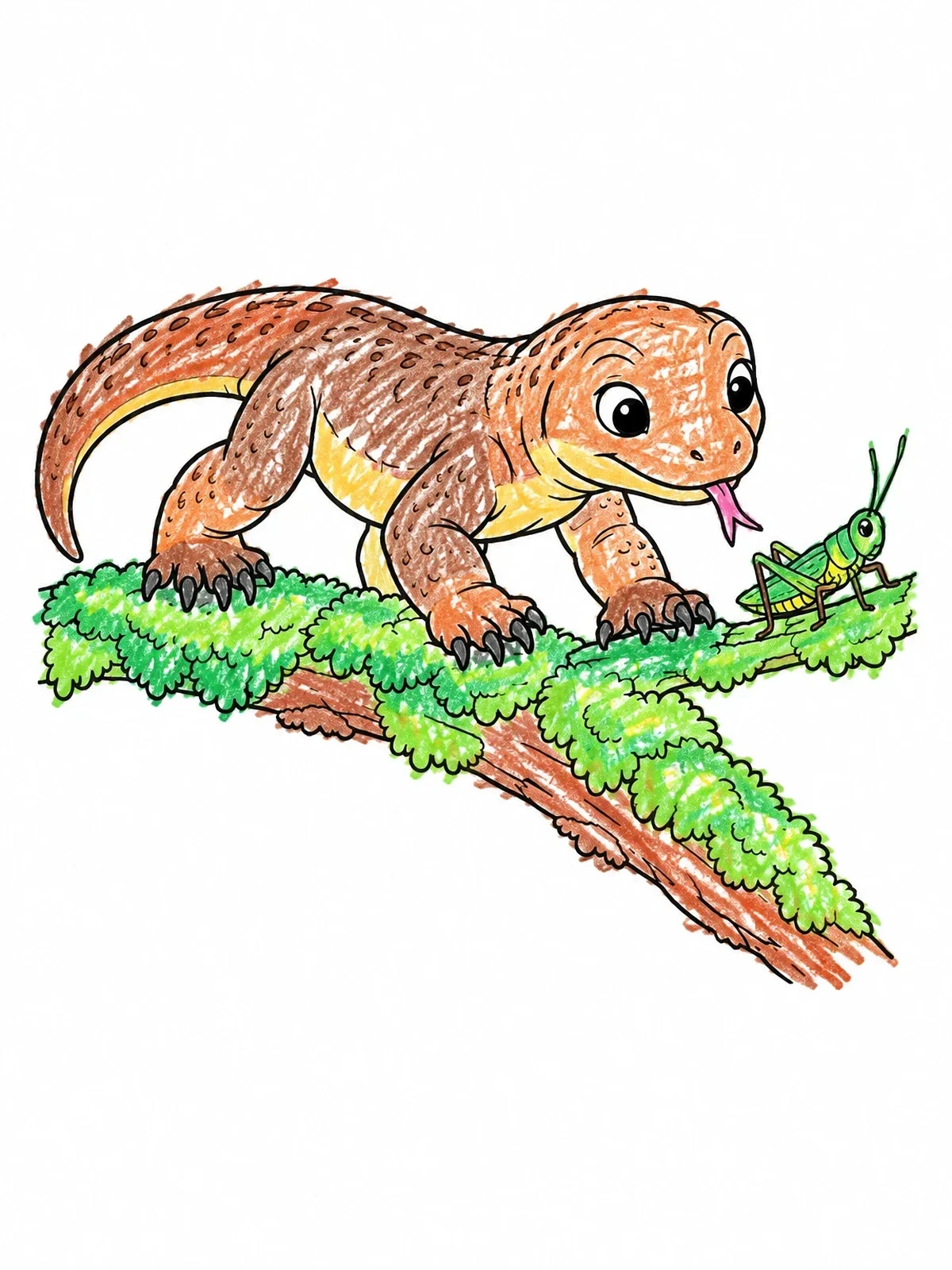 Colored example of the Baby Komodo Dragon And Grasshopper coloring page