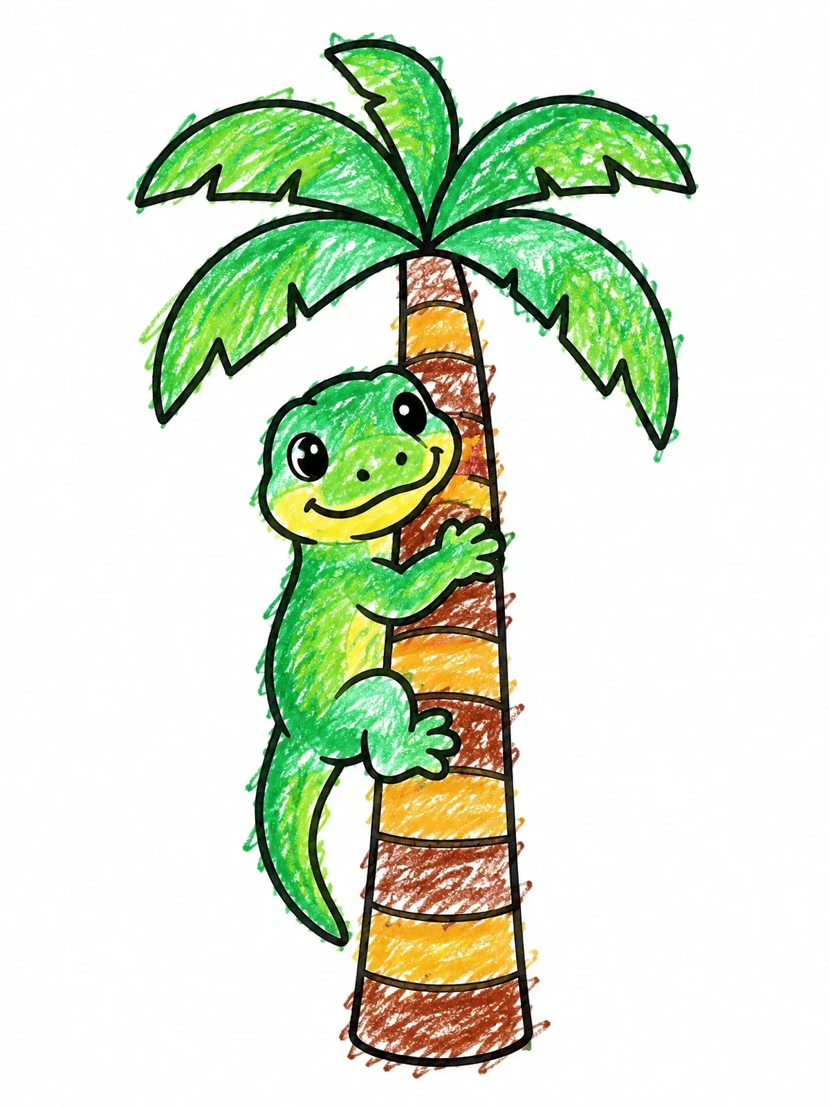 Colored example of the Cute Komodo Dragon Climbing Palm Tree coloring page