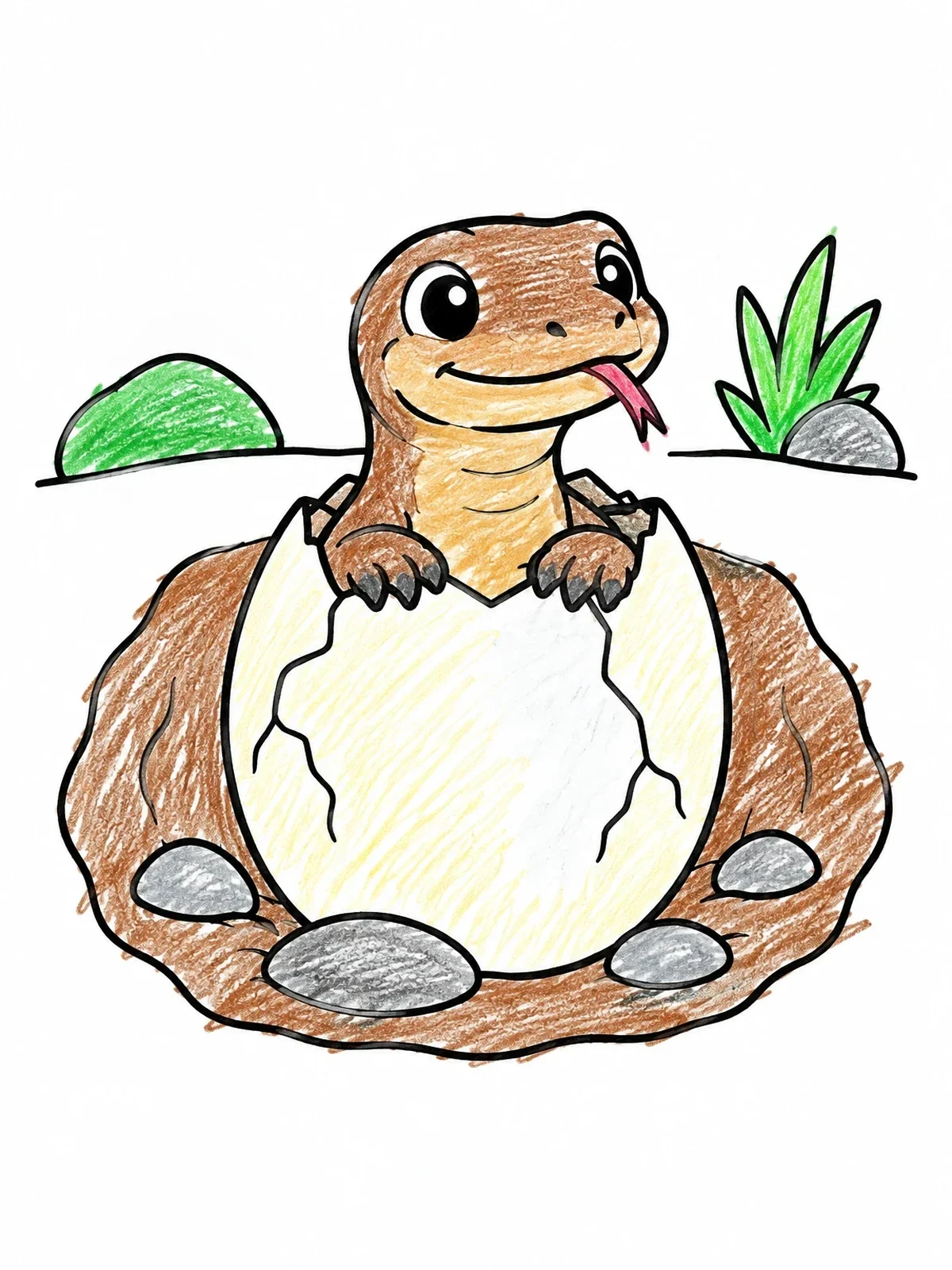 Colored example of the Cute Baby Komodo Dragon Hatching coloring page
