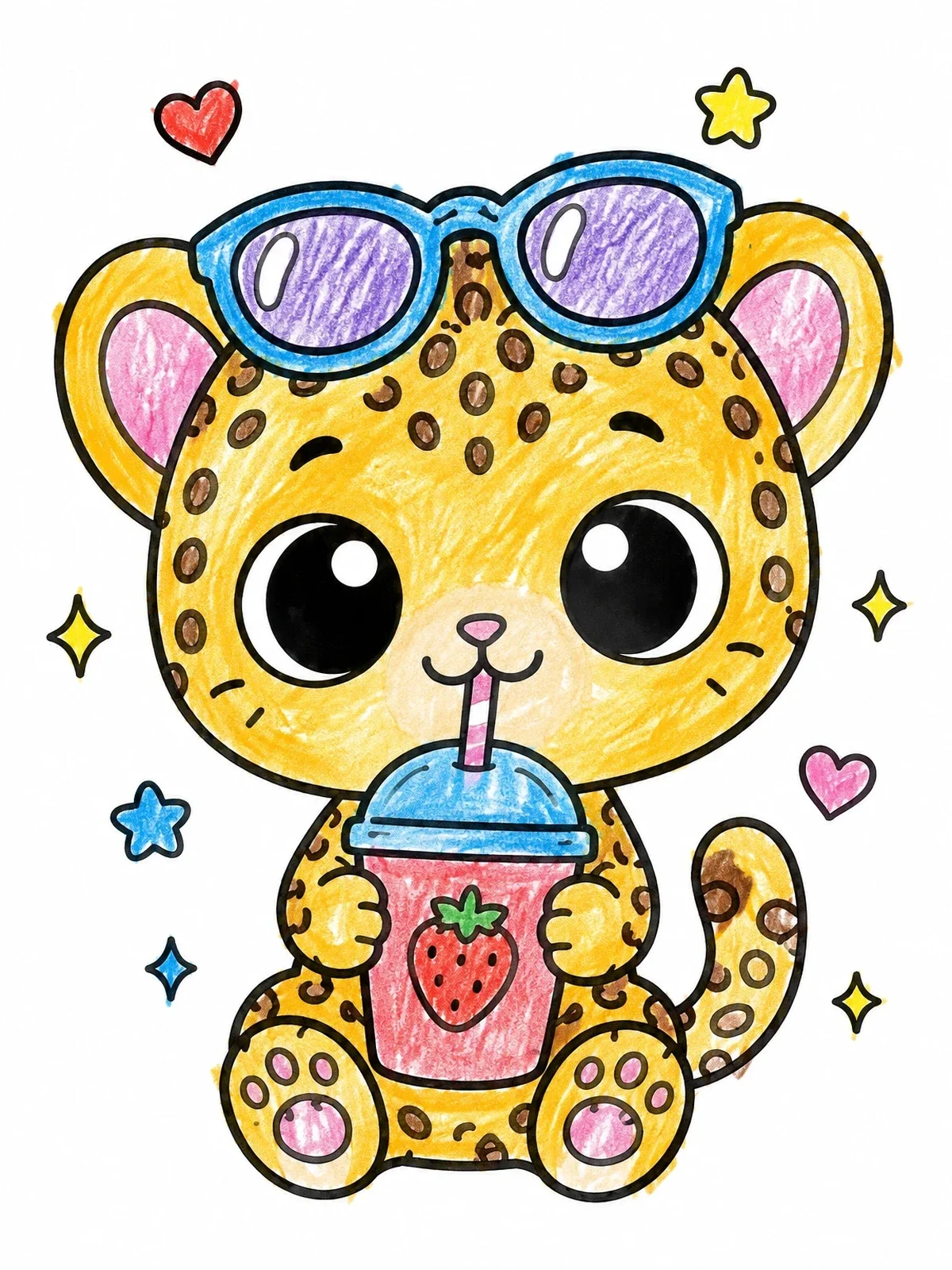 Colored example of the Cute Baby Leopard With Smoothie coloring page