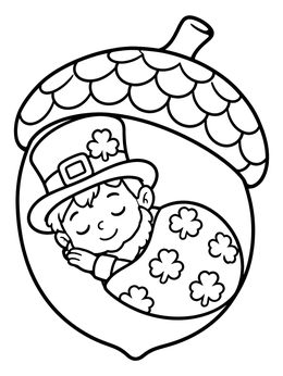 A sweet baby leprechaun coloring page showing him asleep inside a cozy acorn bed.