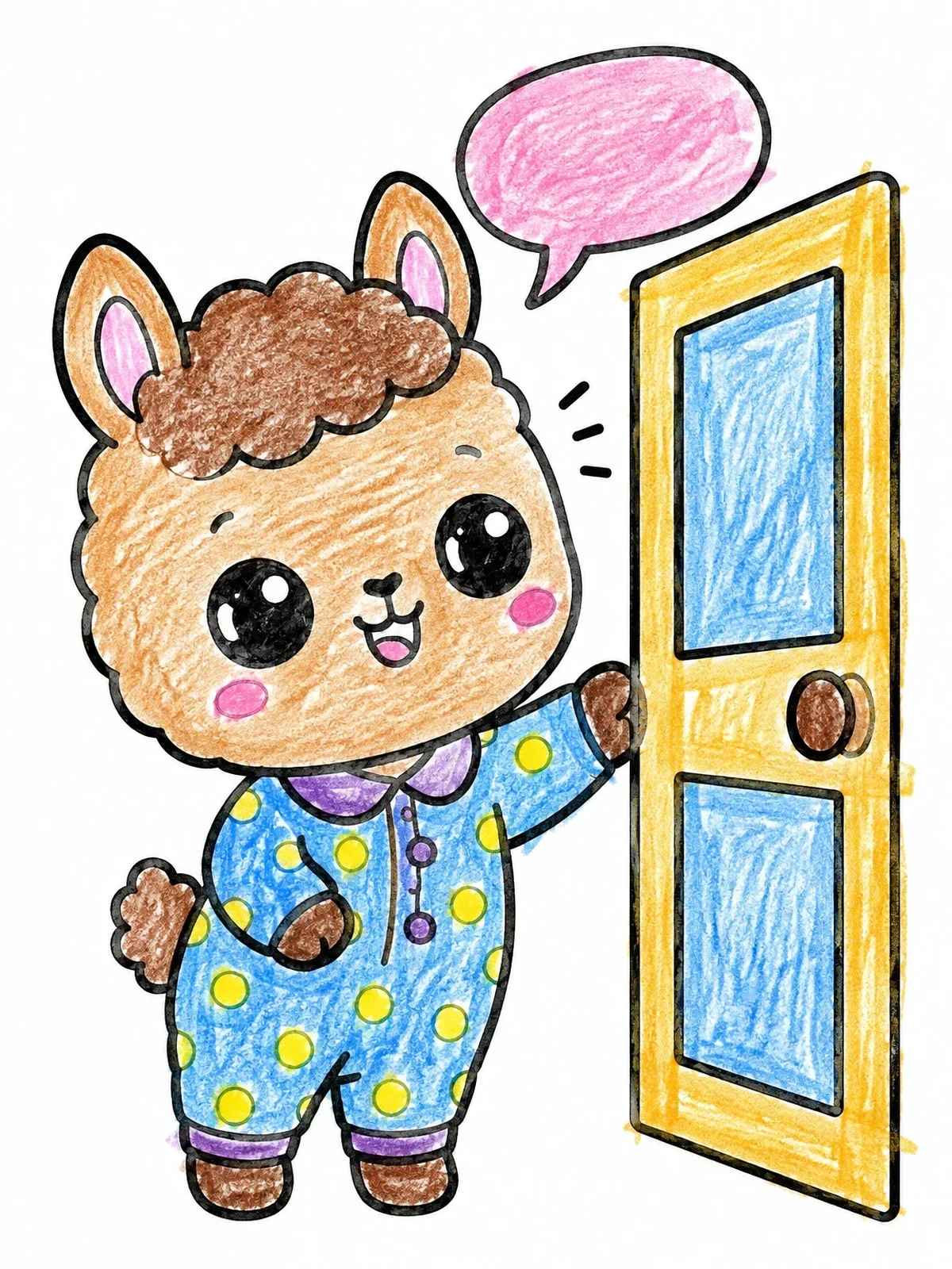 Colored example of the Cute Baby Llama In Polka Dot Pajamas coloring page