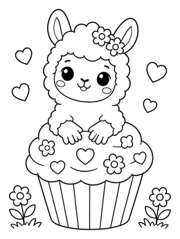 Free printable Cute Baby Llama In Valentine Cupcake coloring page