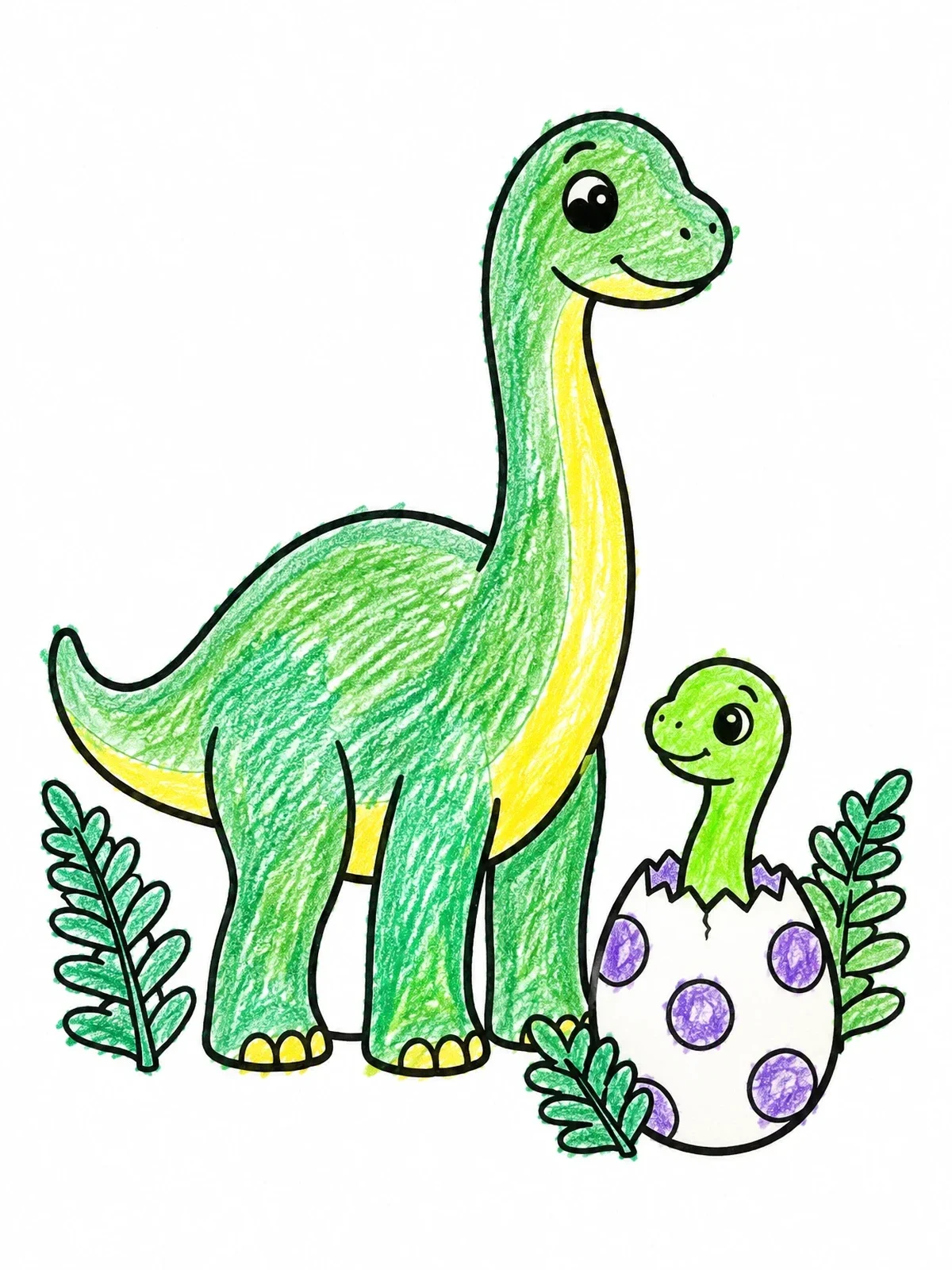 Colored example of the Cute Dinosaur Mother And Hatching Baby coloring page