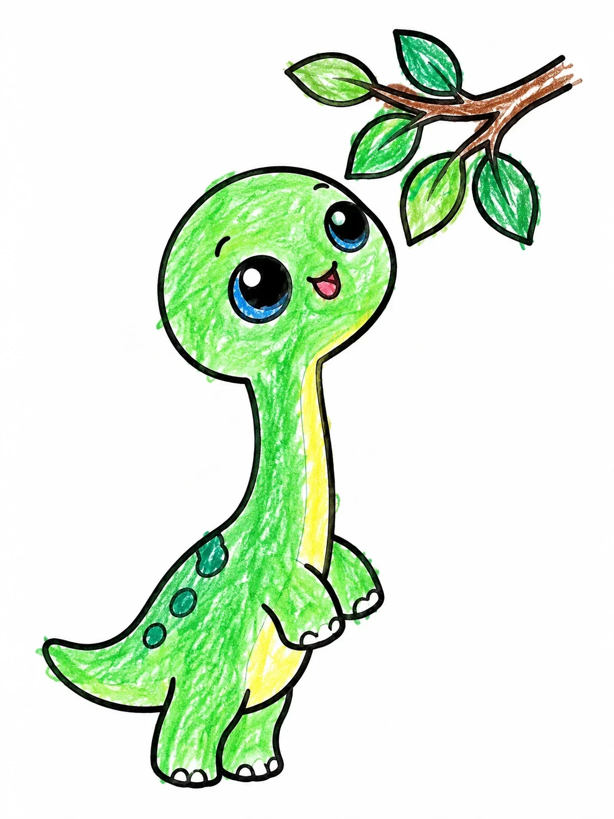 Colored example of the Cute Baby Sauropod Reaching Leaves coloring page