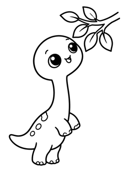 A sweet long neck dinosaur coloring page featuring a baby sauropod reaching for tree leaves.