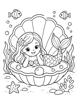 A baby coloring page featuring a cute mermaid resting in an open seashell under the sea.