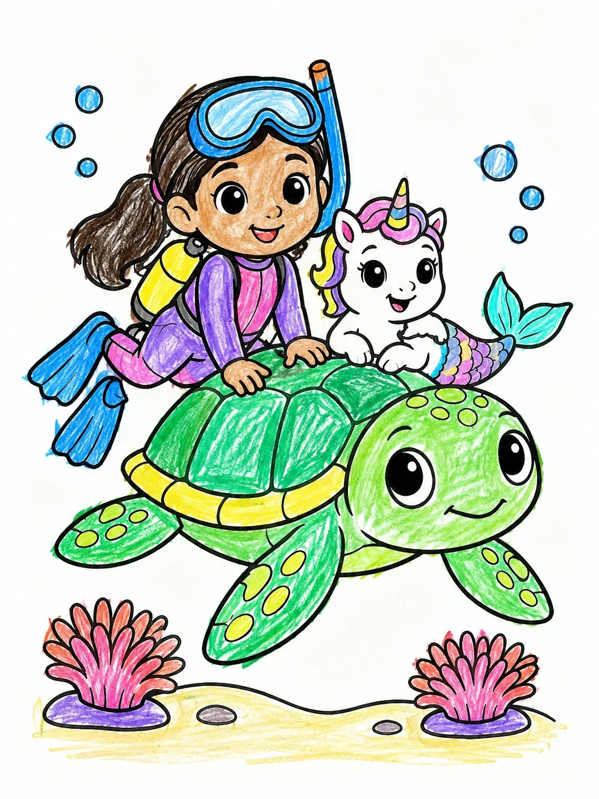 Colored example of the Baby Mermicorn Riding A Sea Turtle coloring page