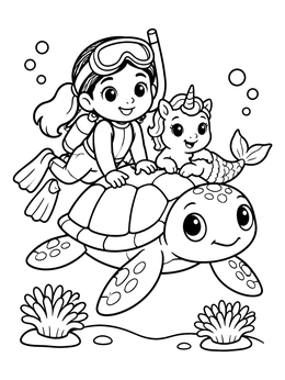 Free printable Baby Mermicorn Riding A Sea Turtle coloring page