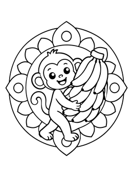 A cheerful monkey coloring page featuring a baby monkey carrying a bunch of bananas.