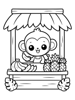 A cheerful baby monkey coloring page featuring a tropical fruit stand with bananas and pineapples.