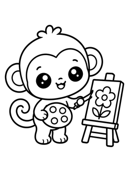A cute monkey coloring page showing a baby chimpanzee painting a flower on a small easel.