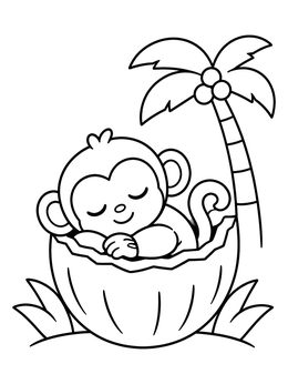 Free printable Sleeping Baby Monkey In Coconut coloring page