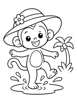Free printable Baby Monkey In Sun Hat Splashing coloring page