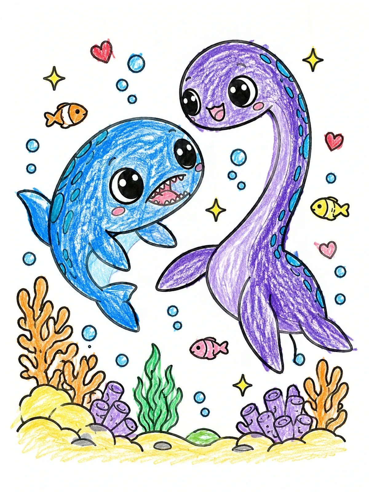 Colored example of the Cute Baby Mosasaurus And Plesiosaur Friends coloring page