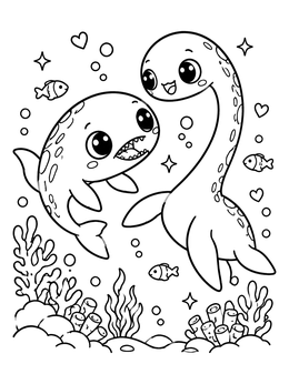 Free printable Cute Baby Mosasaurus And Plesiosaur Friends coloring page