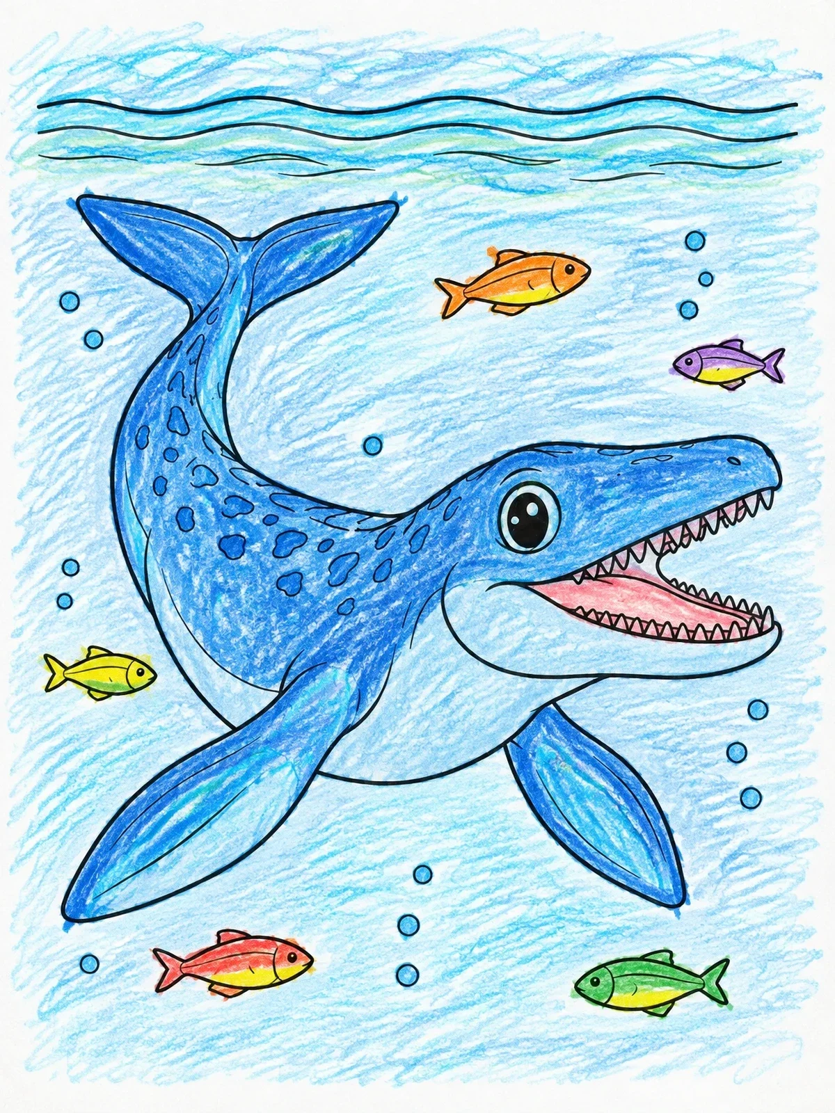 Colored example of the Cheerful Young Mosasaurus Swimming With Fish coloring page