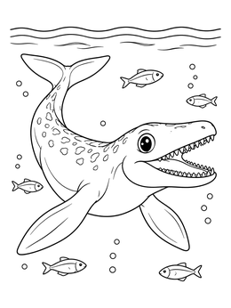 Free printable Cheerful Young Mosasaurus Swimming With Fish coloring page