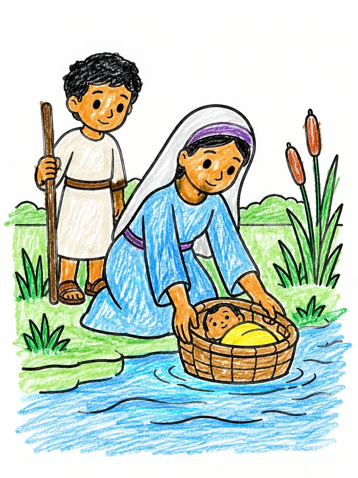 Colored example of the Baby Moses In The Nile River coloring page