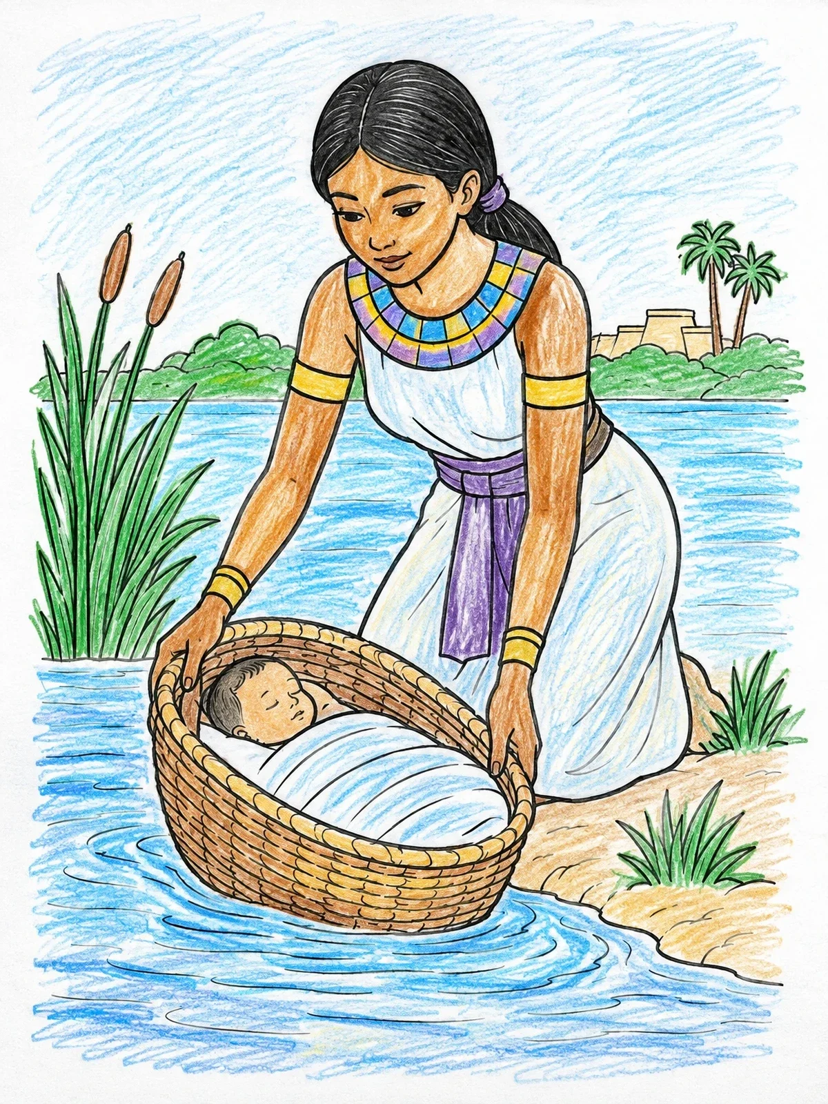 Colored example of the Baby Moses Found In The Nile coloring page