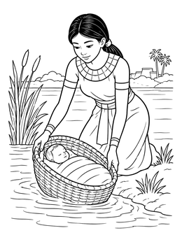 An Egyptian maiden finds baby Moses in a woven basket in this moses coloring page.