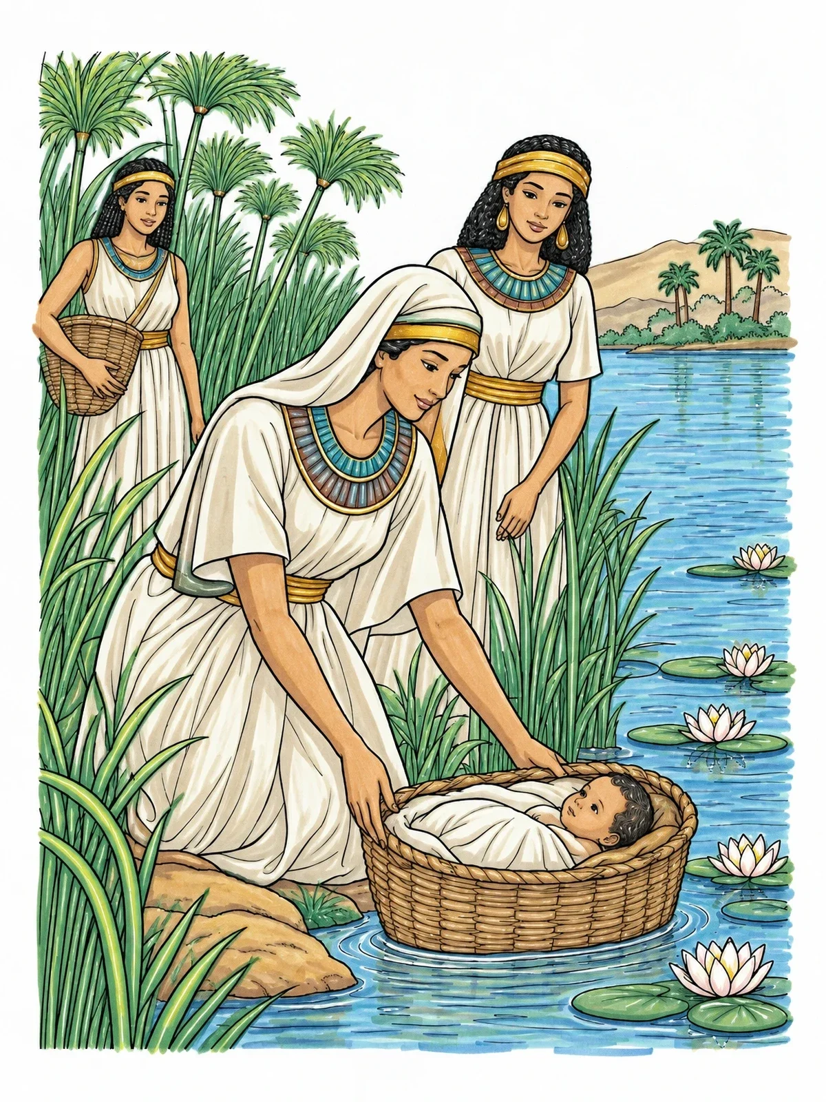 Colored example of the Baby Moses Found In The Nile coloring page