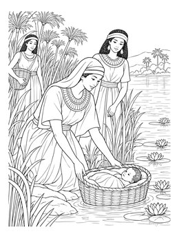 An Egyptian princess finds infant Moses in a basket on the riverbank in this detailed moses coloring page.