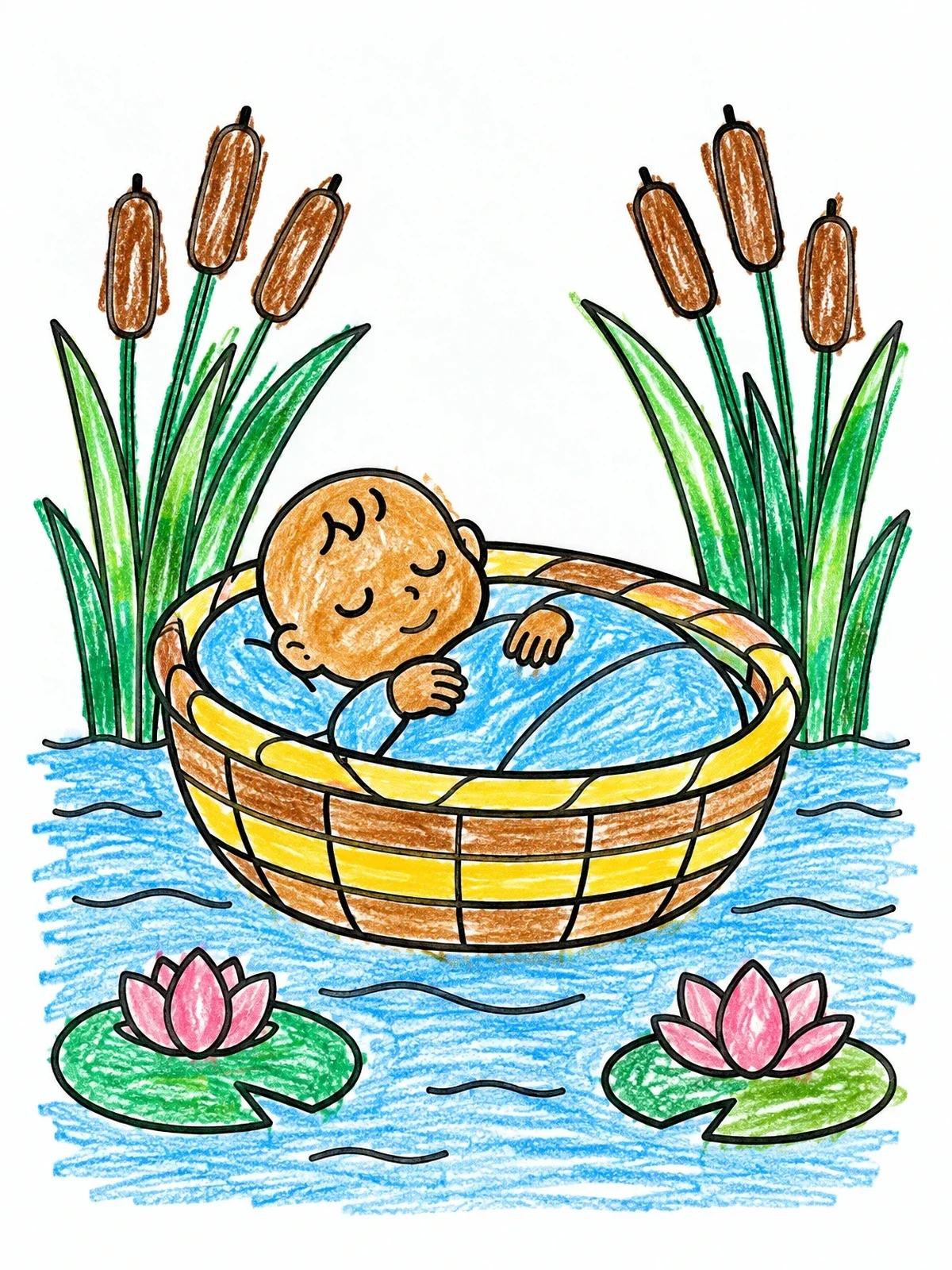 Colored example of the Baby Moses Floating In Basket coloring page