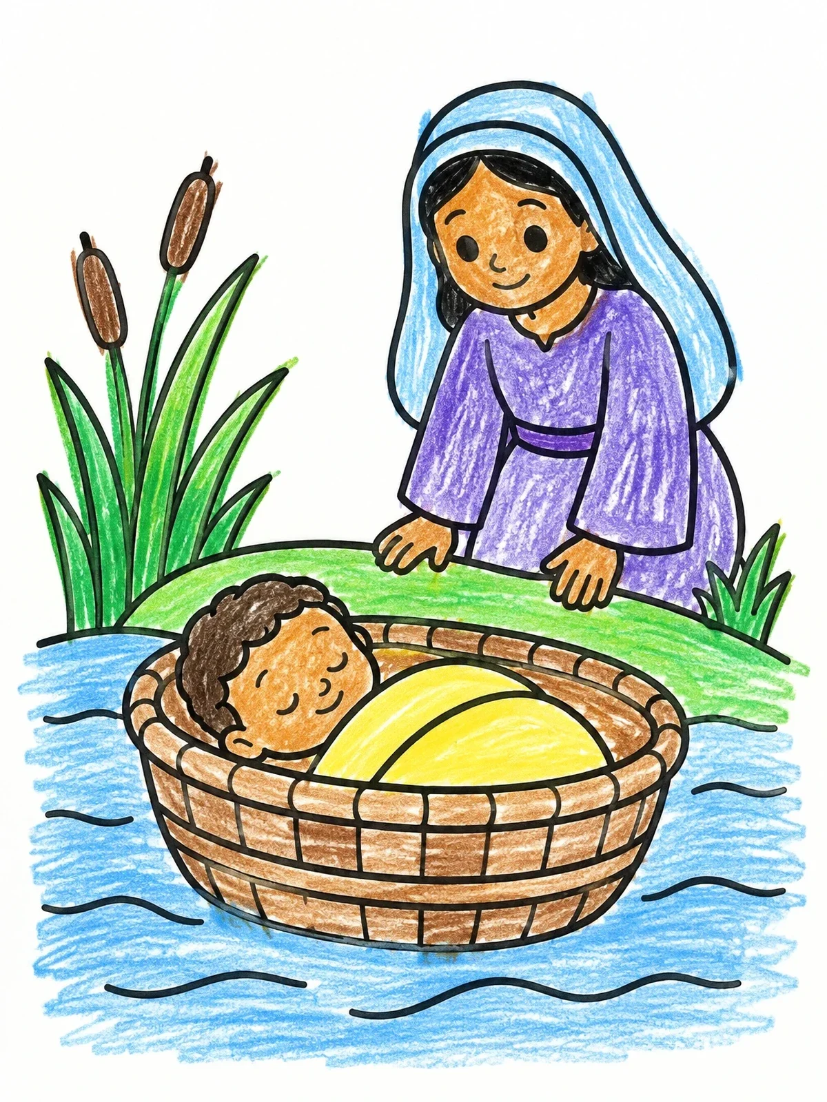 Colored example of the Baby Moses Floating In Basket coloring page