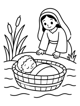 Free printable Baby Moses Floating In Basket coloring page