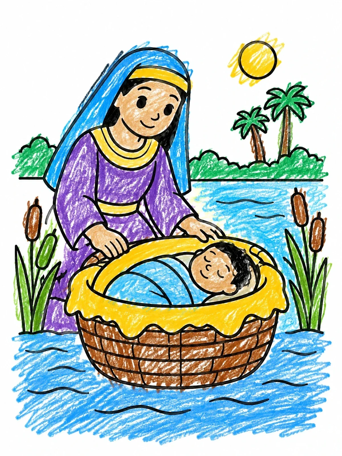 Colored example of the Baby Moses In The Nile River Basket coloring page